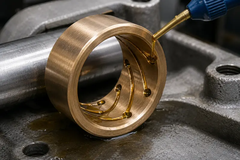 A close-up of a bushing with a complex oil groove pattern