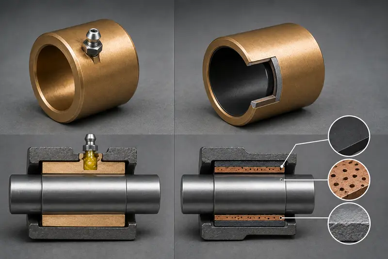 A diagram showing a traditional bushing with a grease nipple next to a maintenance-free bushing with its integrated layers.
