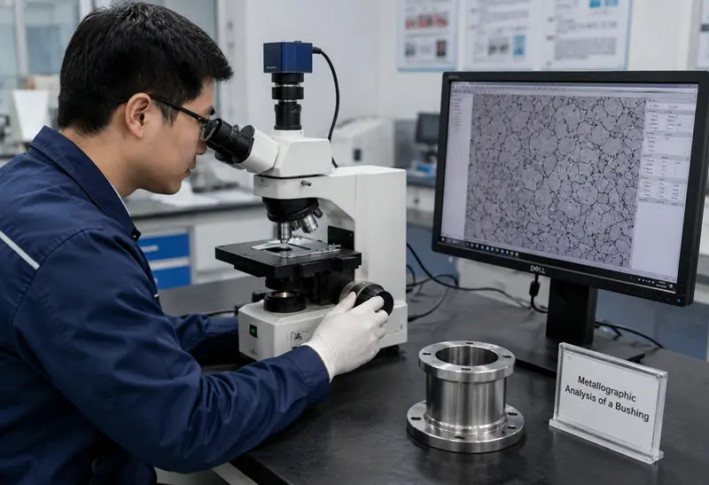 A laboratory technician using a metallographic microscope