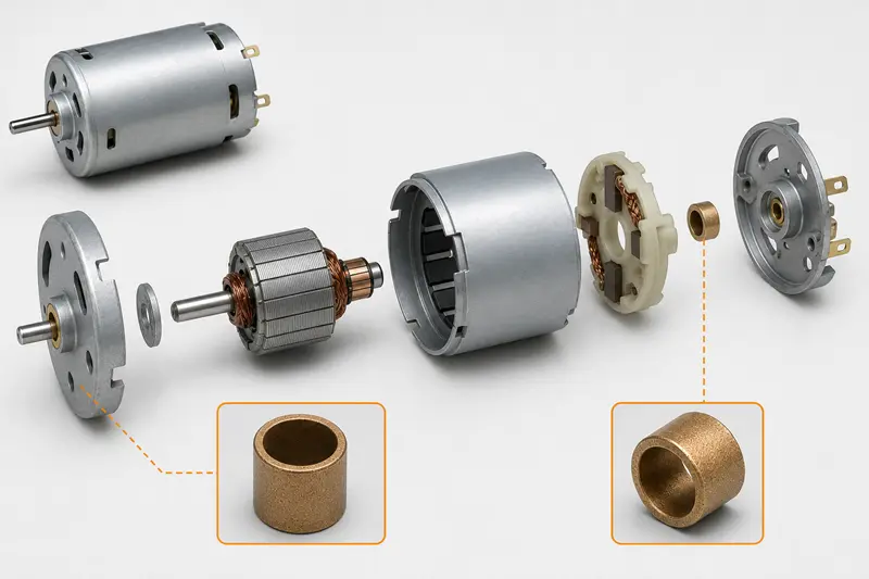 Applications of Sintered Bronze Bushings An exploded view of a small electric motor showing the sintered bronze bushing location