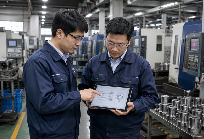 An OEM buyer reviewing technical drawings of bushings in a factory setting