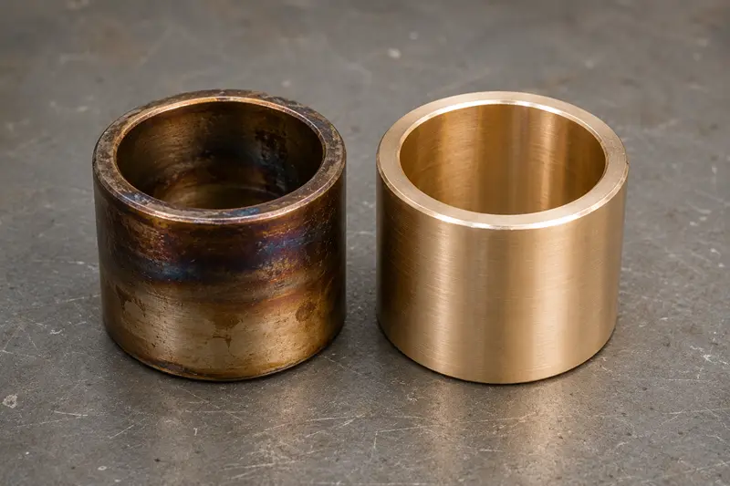 A worn-out, failed bushing next to a new one, showing signs of extreme wear and scoring.