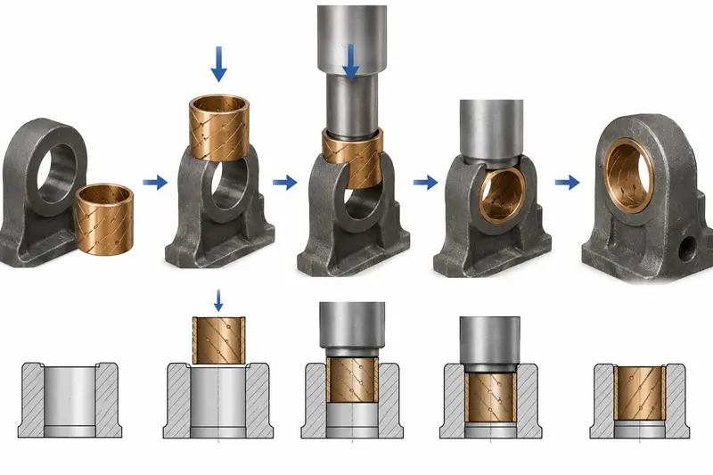 Proper Bushing Installation and Clearance A diagram showing the press-fit process of a bushing into a housing.