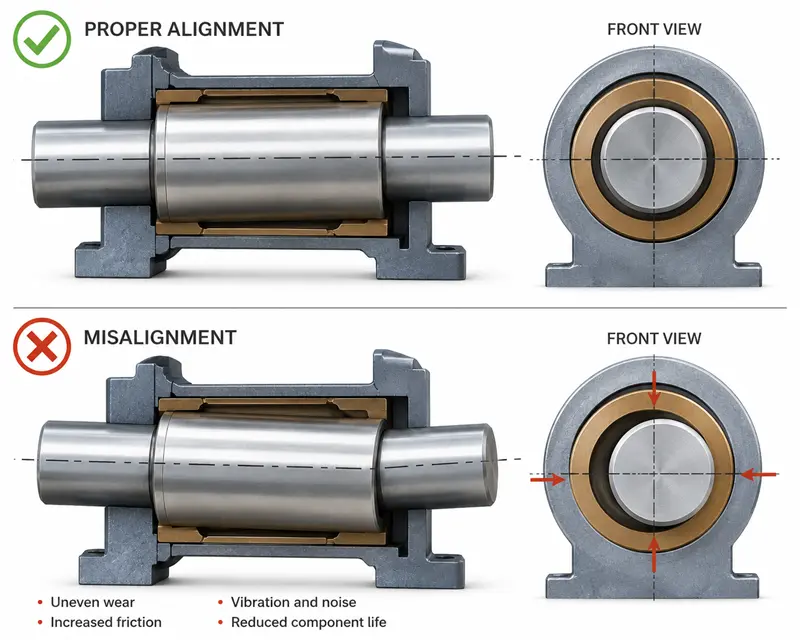 An image comparing a properly aligned shaft with a misaligned shaft causing edge loading on the bushing