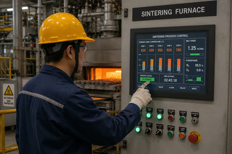 A factory worker monitoring a sintering furnace control panel