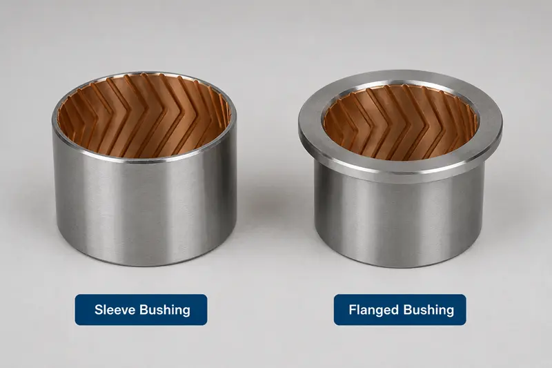 A sleeve bushing next to a flanged bushing for comparison