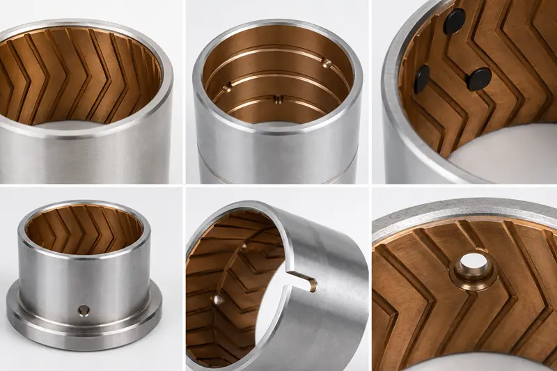 Close-up shots of bushings with special features like oil grooves, flanges, and graphite plugs