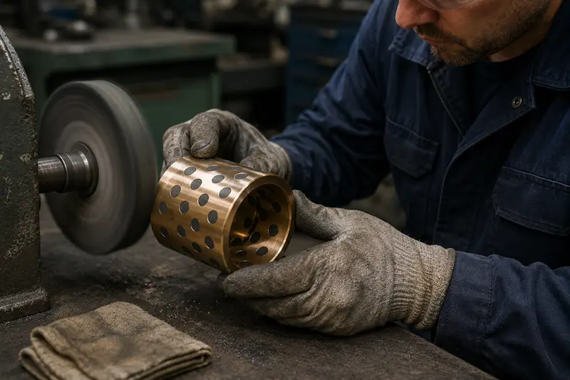 A worker polishing a graphite plugged bushing