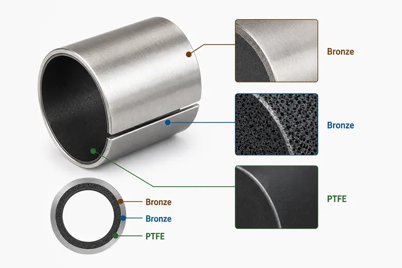 A diagram showing the layers of a composite self-lubricating bushing