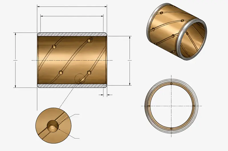 A CAD drawing of a transmission bushing showing tolerances and oil grooves