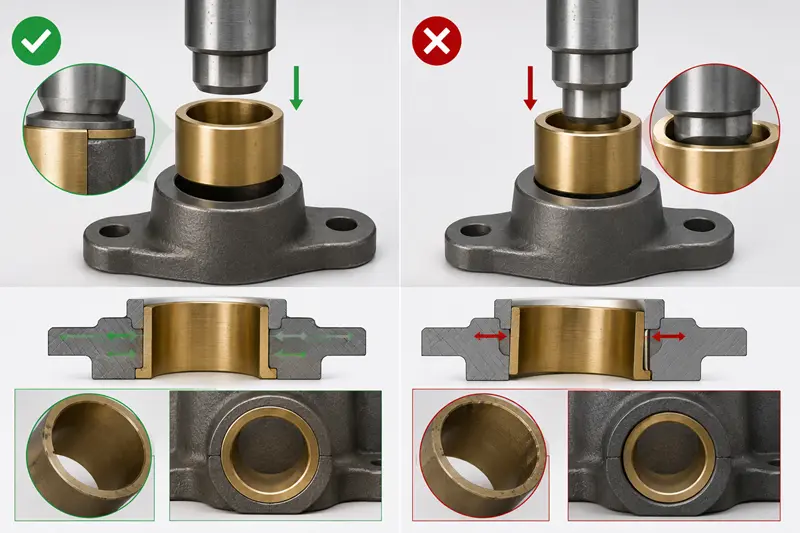 A technician press-fitting a bushing into a metal housing with a hydraulic press