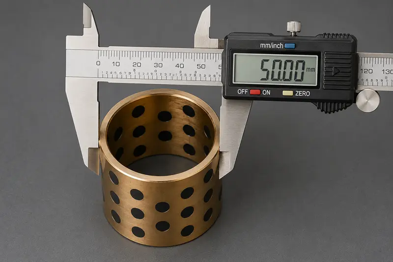 A close-up of a precision measuring tool checking a bushing's dimensions