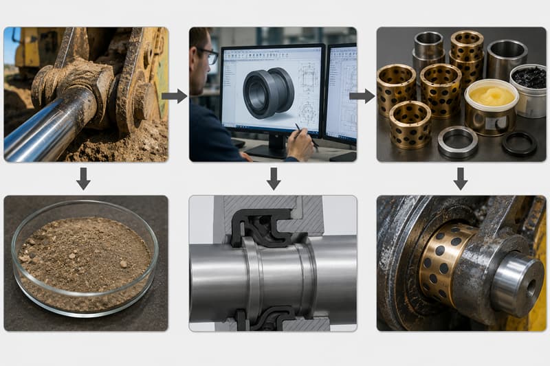 A flowchart showing the design process: 1. Analyze Dust -> 2. Design Seal -> 3. Select Bushing & Lube