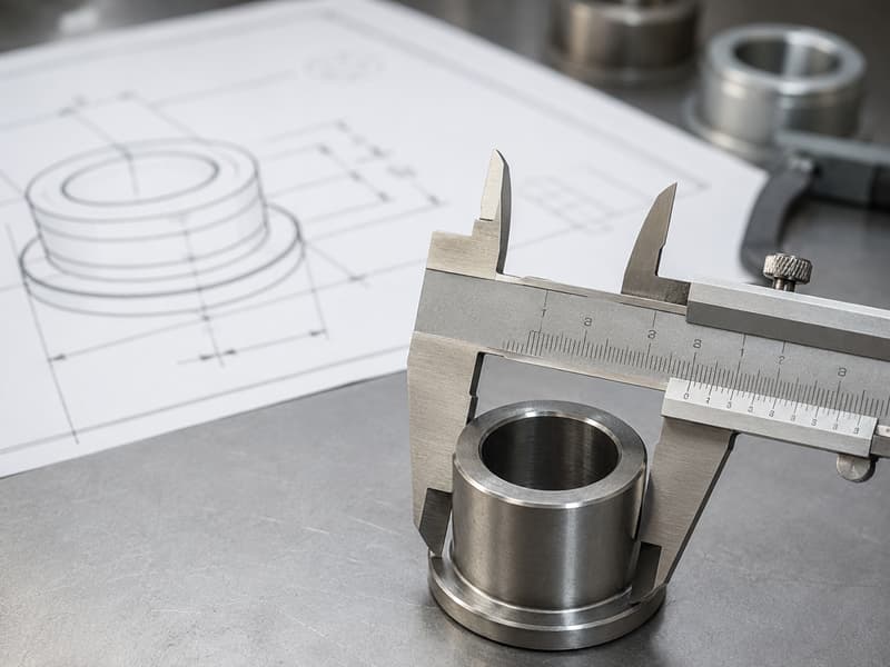 A caliper measuring a bushing, with a technical drawing in the background showing tolerances