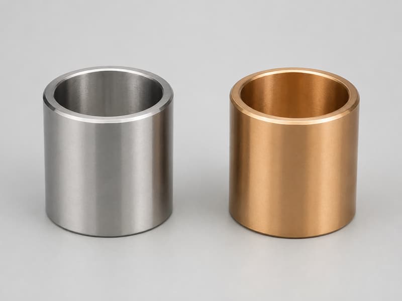 A side-by-side comparison of a steel bushing and a bronze bushing