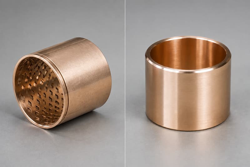 A side-by-side comparison of a CuSn8 rolled bushing and a CuSn10 machined bushing
